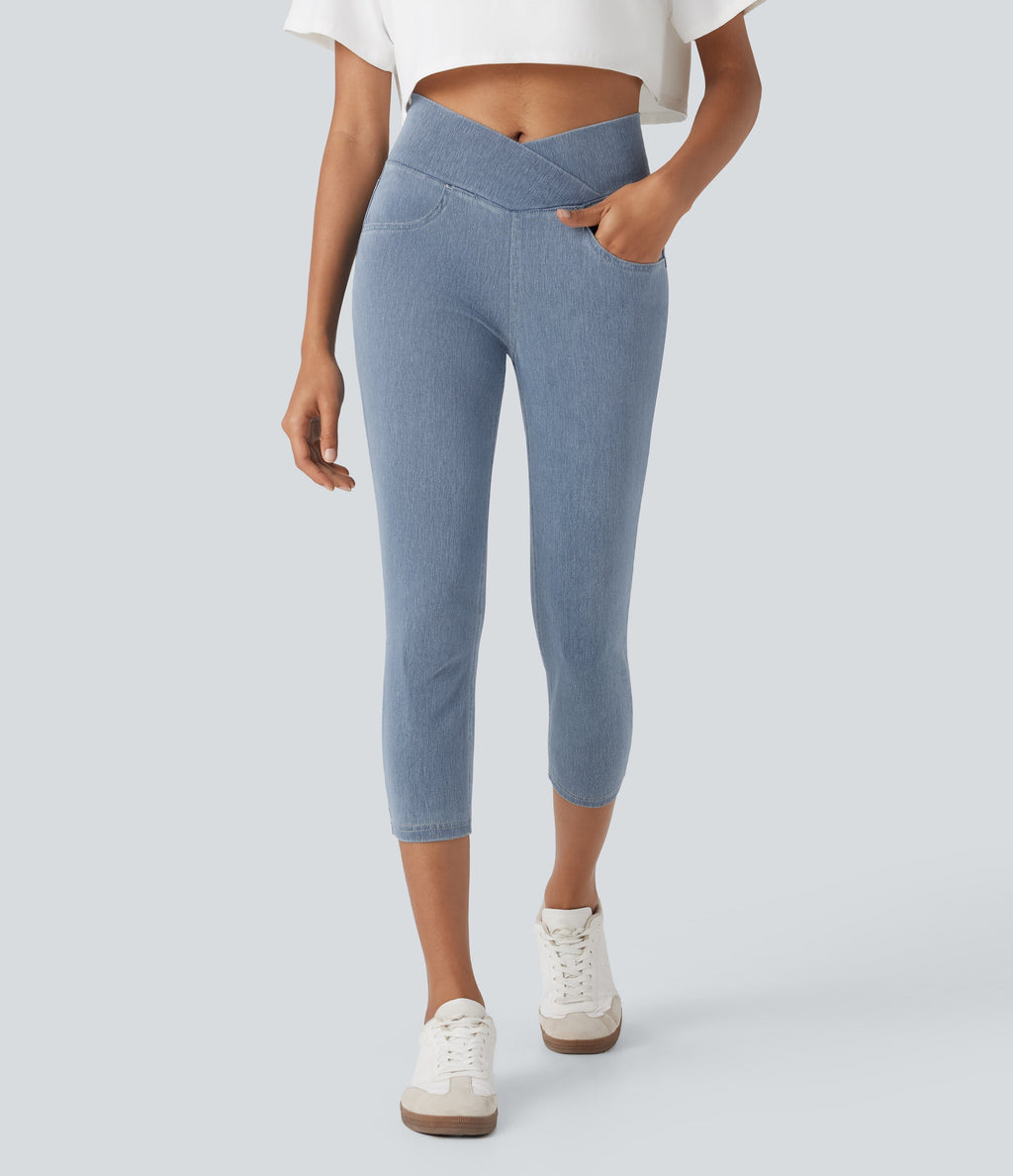 FlexTM Crossover High Waisted Denim Casual Capri Leggings with Pockets