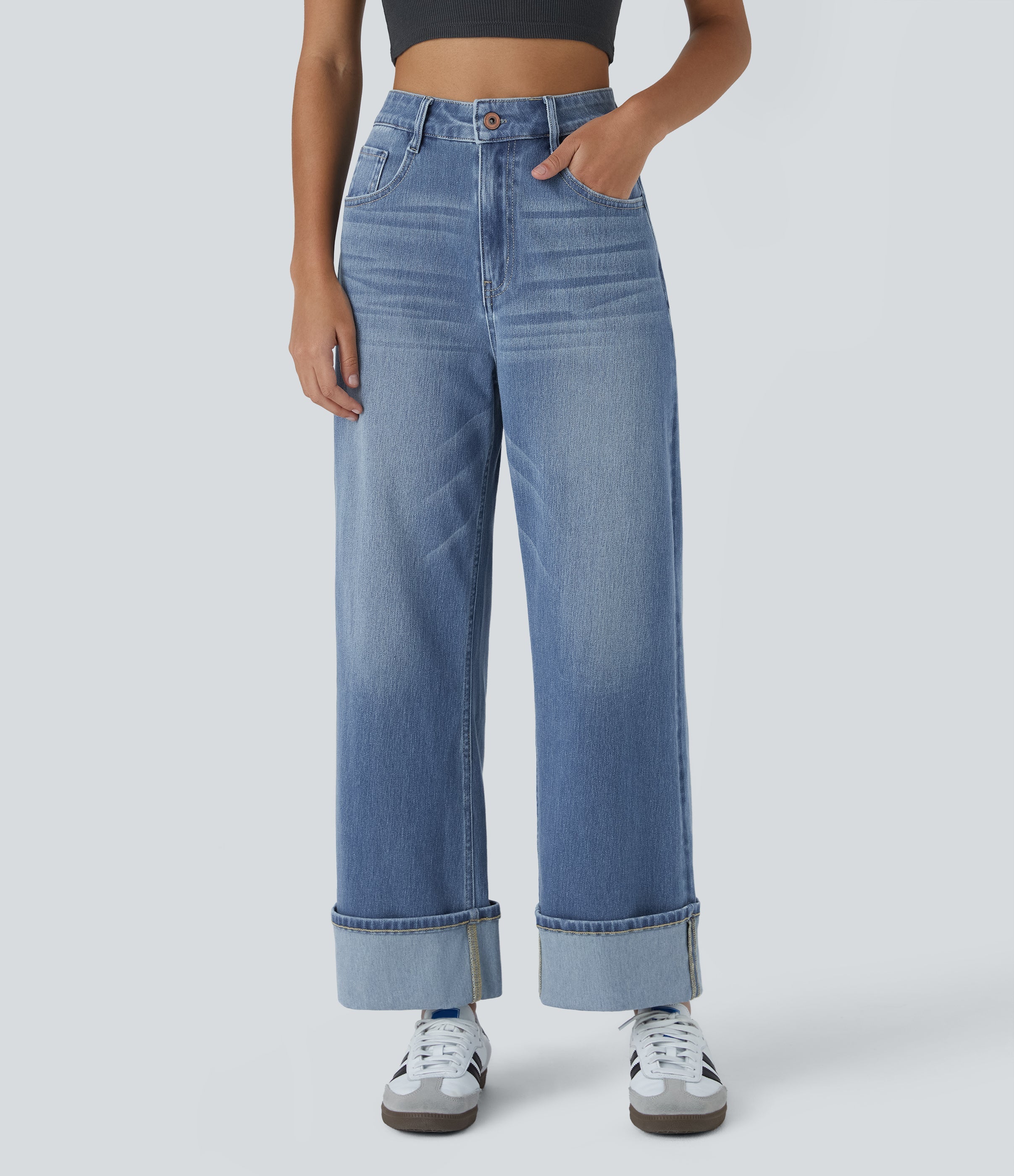FlexTM High Waisted Multiple Pockets Rolled Hem Wide Leg Washed Stretchy Knit Casual Jeans