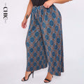 Blue Geometric Patterns Abstract Print Wide-Leg Drawstring Pants Palazzo Pleated Pants