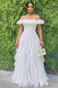 Off Shoulder Ruffle Trim Bouffant Gowns Maxi Dresses-White