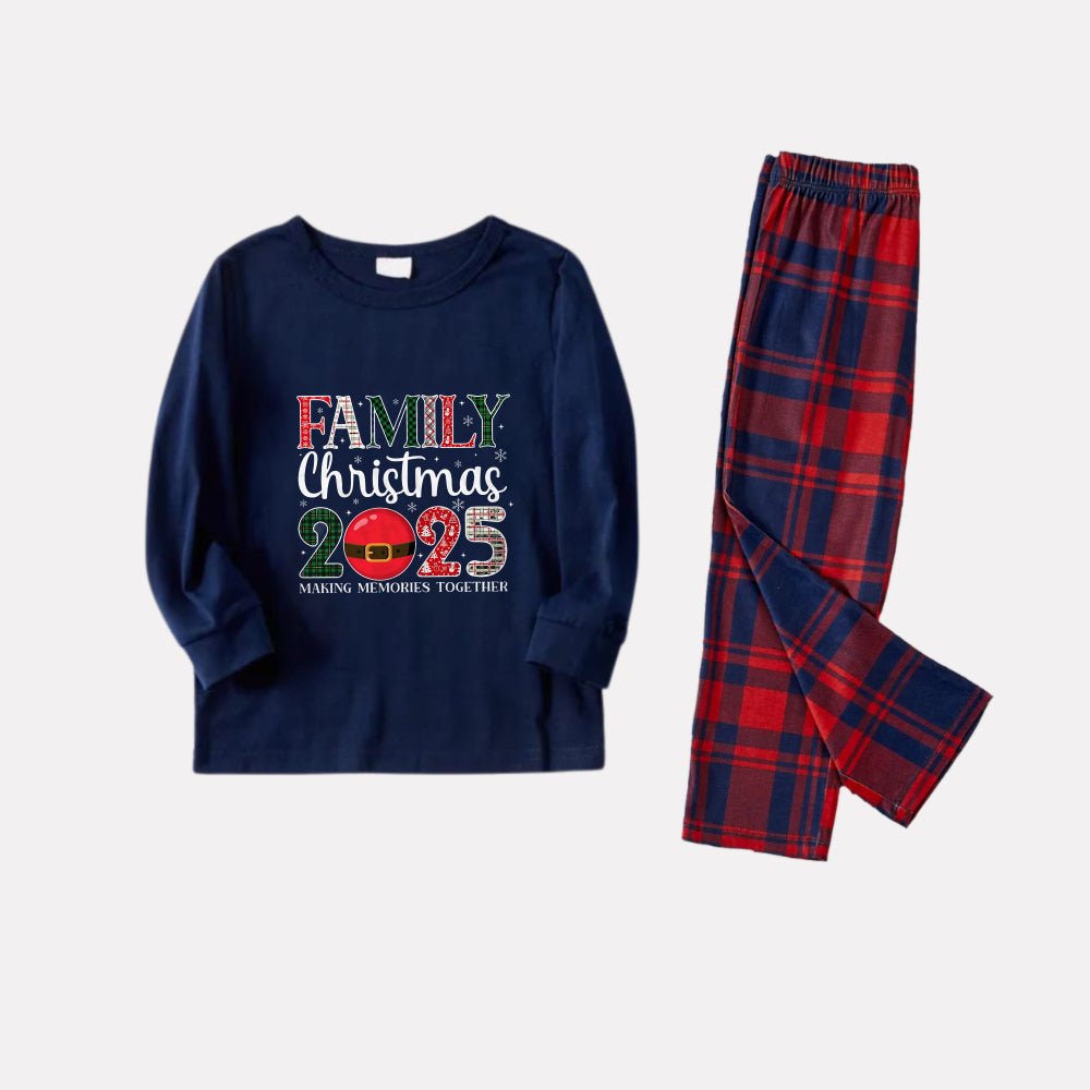 Christmas Family Matching Pajamas-Navy & Red Plaid Pjs Set with "Family Christmas 2025" Artistic Font Print
