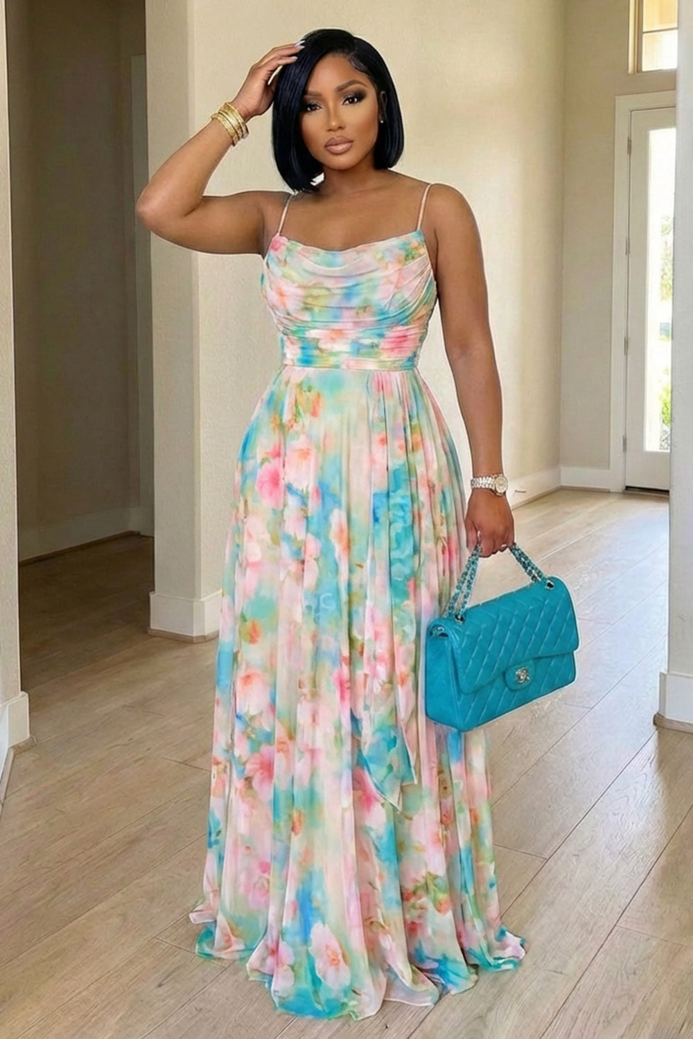 Spaghetti Strap Cinch Waist Floral Print Maxi Dresses-Multicolor