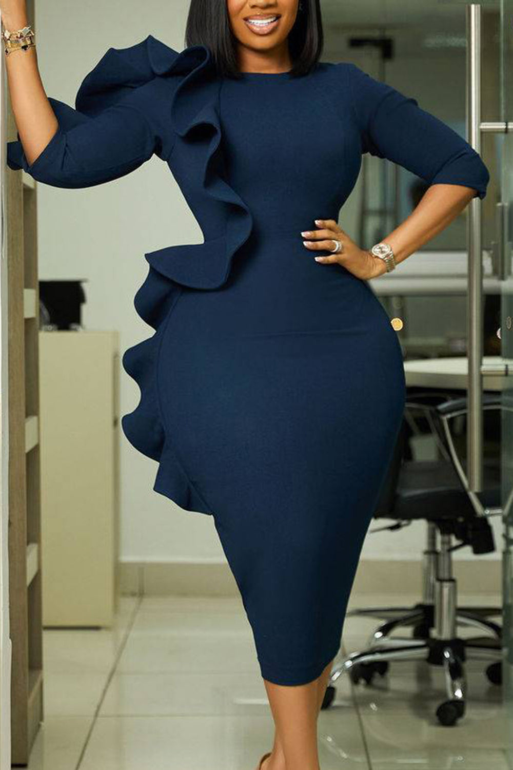 Round Neck Flounced 3/4 Sleeve Bodycon Formal Midi Dresses-Navy