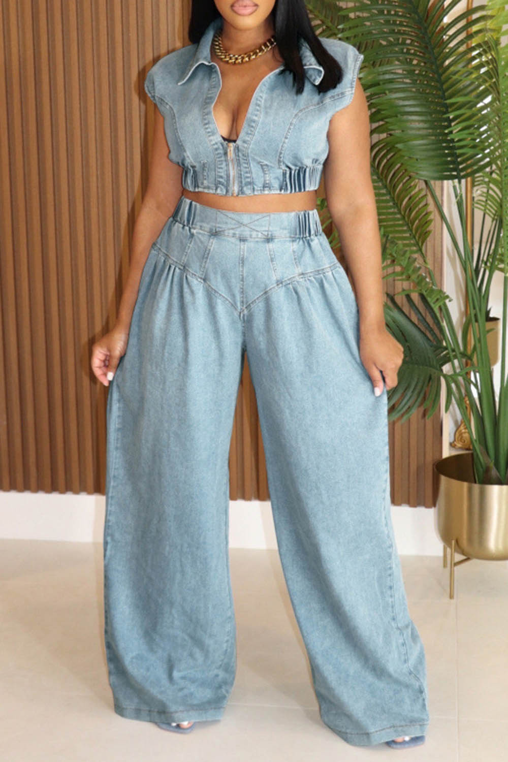 Denim V Neck Sleeveless Zipper Crop Top Wide Leg Pants Casual 2pcs Set-Blue