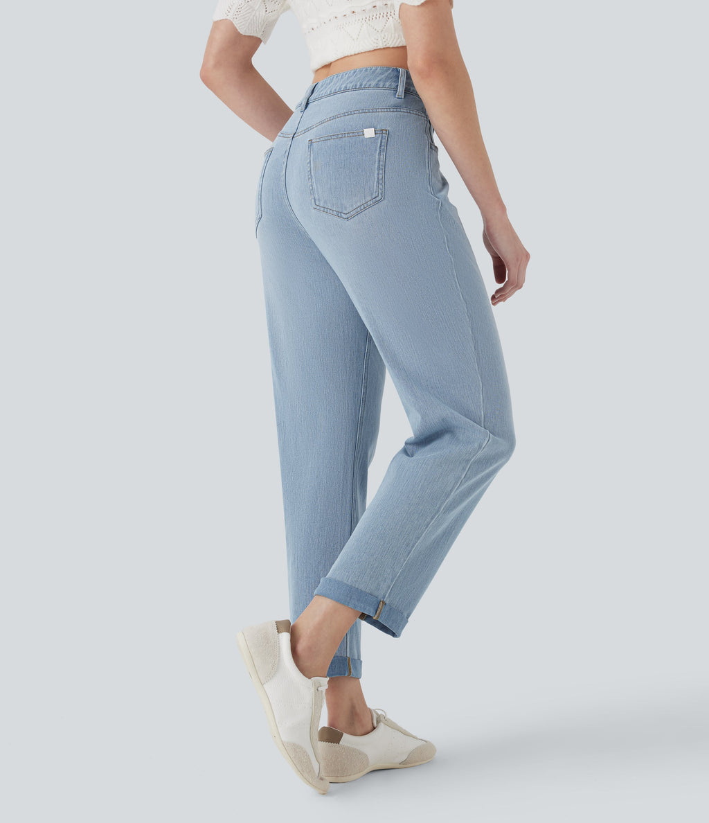 FlexTM Mid Rise Straight Leg Washed Casual Jeans with Pockets