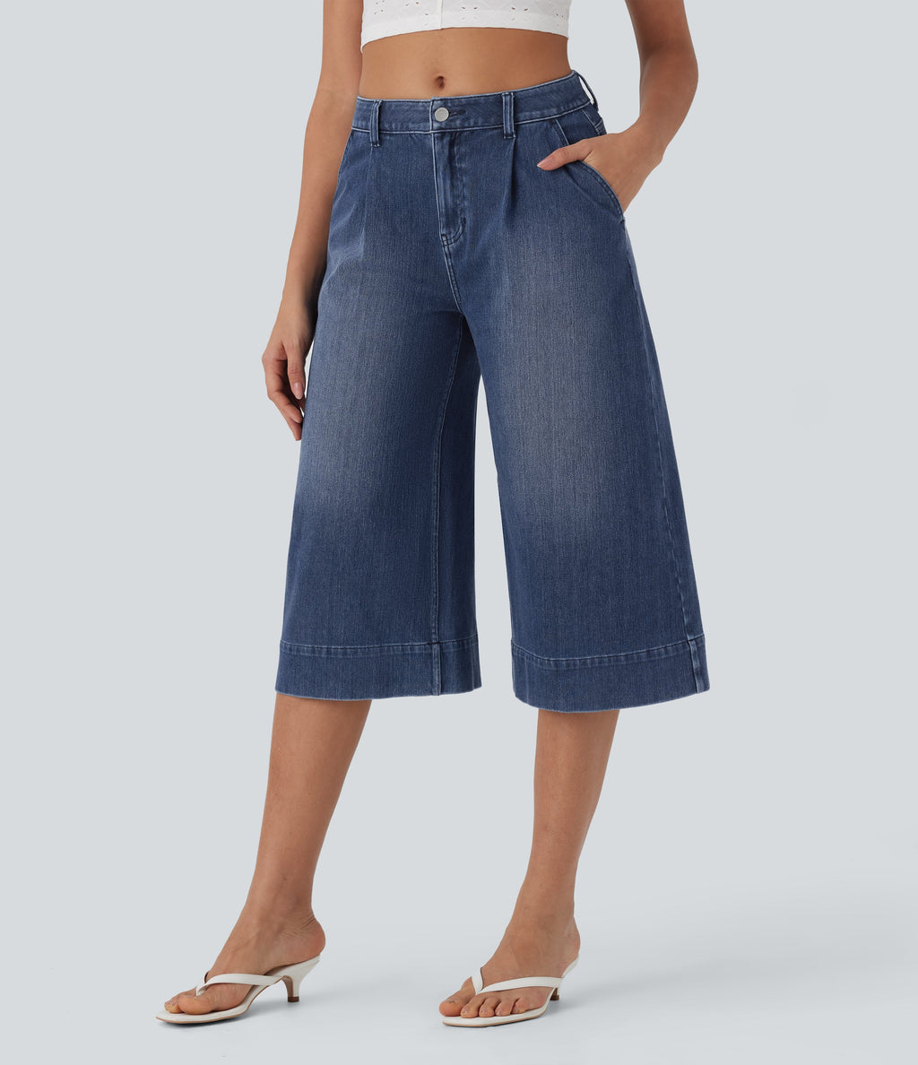 FlexTM Mid Rise Capri Wide Leg Washed Casual Jeans with Pockets