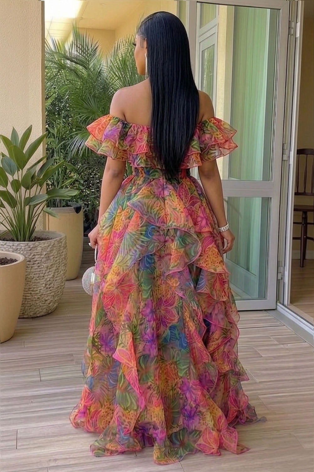Off Shoulder Ruffle Trim Floral Gowns Maxi Dresses-Multicolor