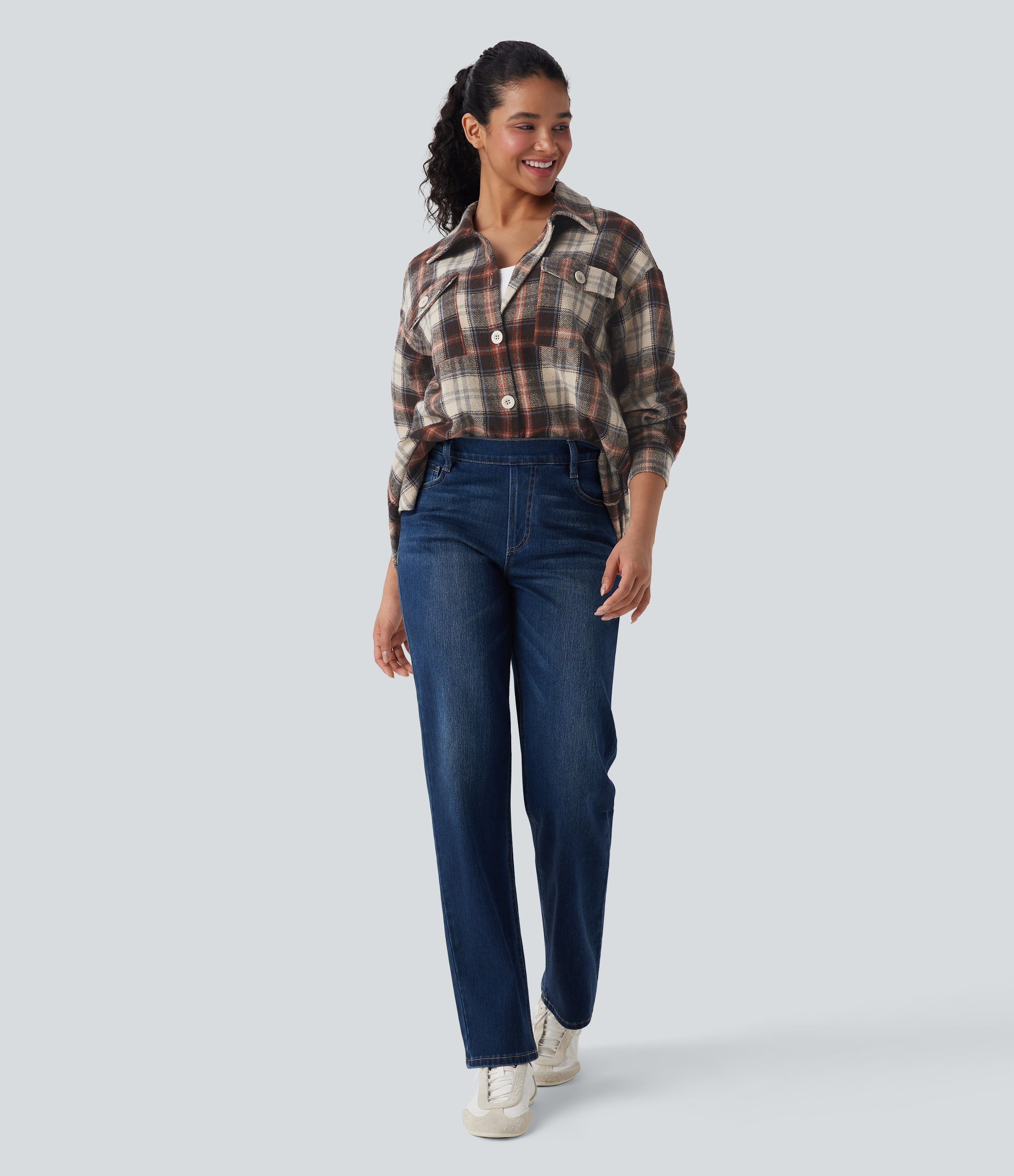 Plaid Curved Hem Casual Shirt Jacket with Flap Pockets