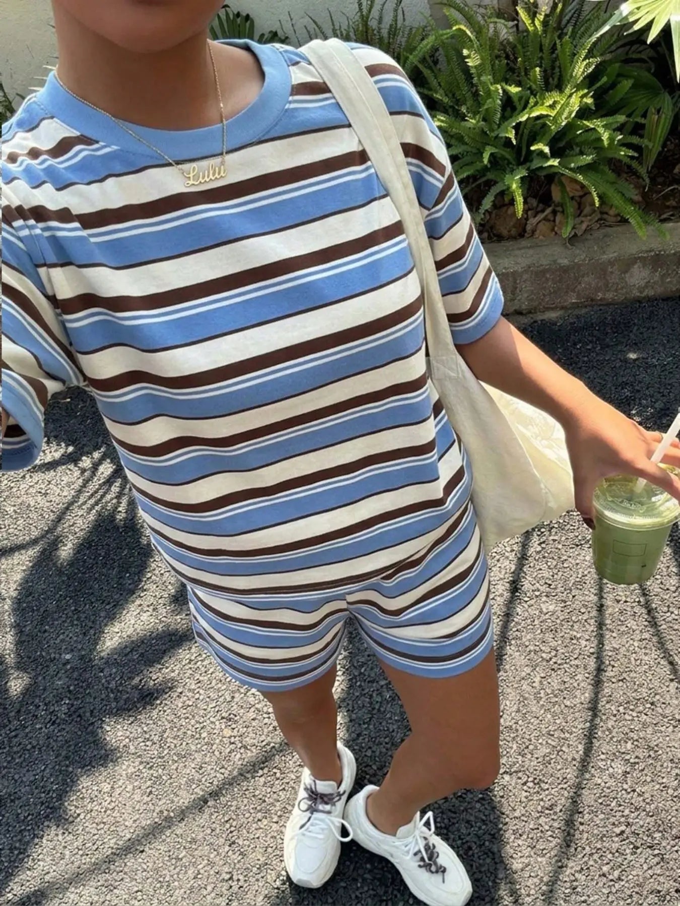 Women's Casual Loose Fit Set, Striped Print Suit, Summer Vacation American Retro Street Style, Perfect for All-Day Home Wear