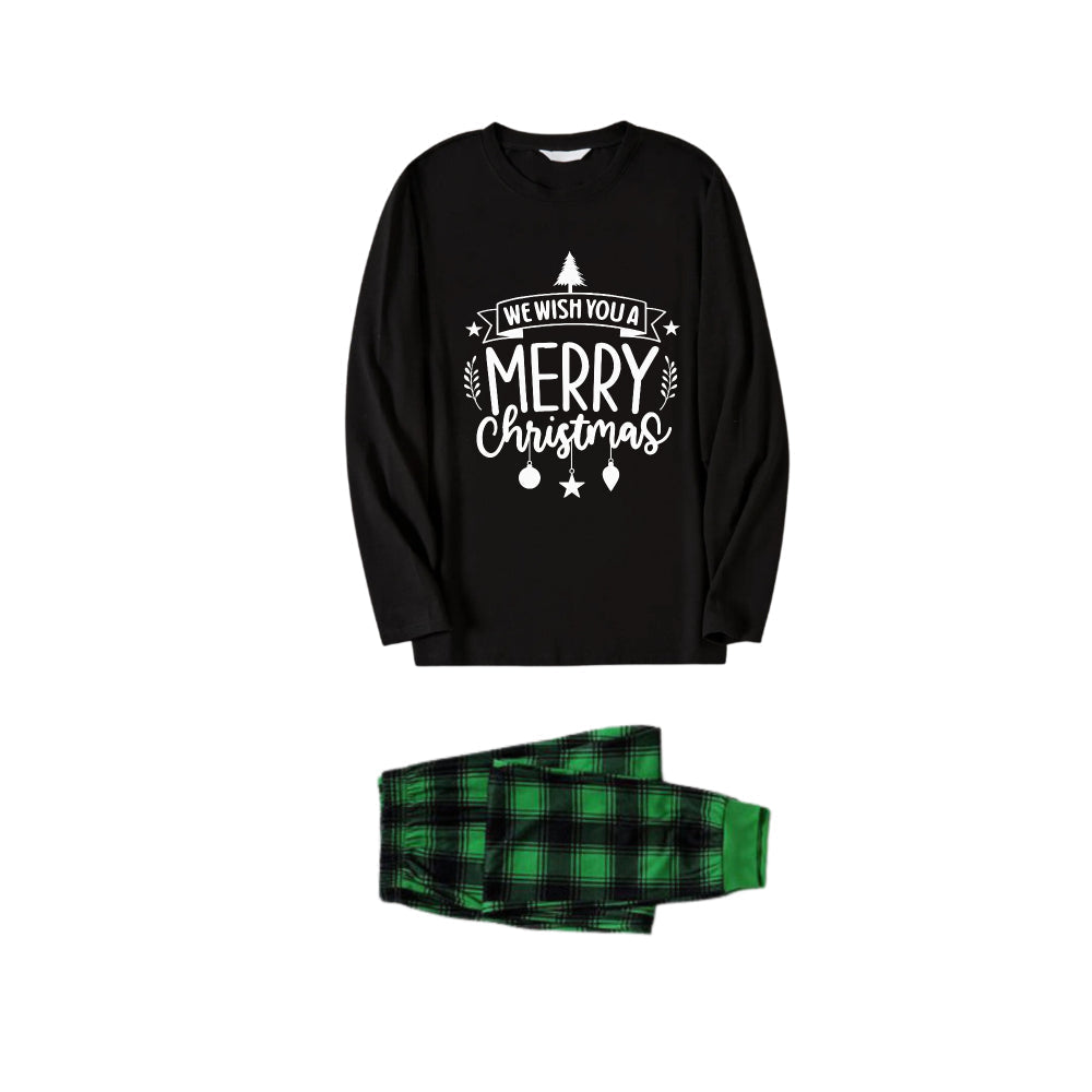 Christmas Family Matching Pajamas-Black Top and Green Plaid Pants Pjs Set with "We Wish You A Merry Christmas" Black&White Print