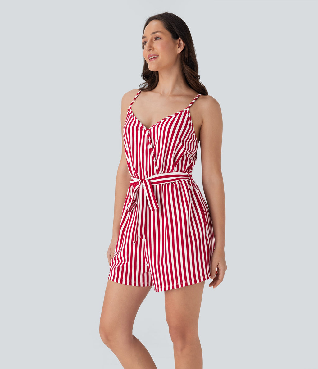 V-neck Snap Belted Stripe Waffle Jumpsuit with Pockets