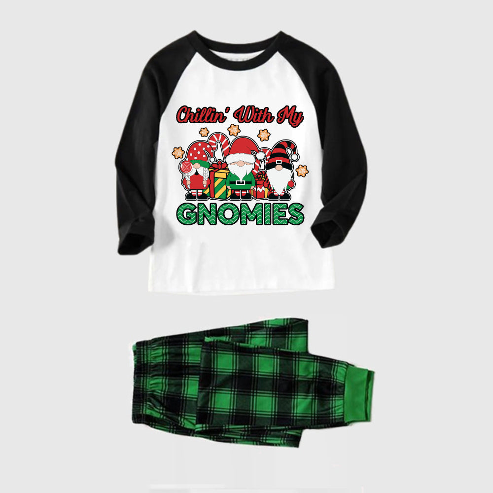 Black Raglan Top Green Plaid Christmas Pajamas Set With Cute Gnome and Holiday Text