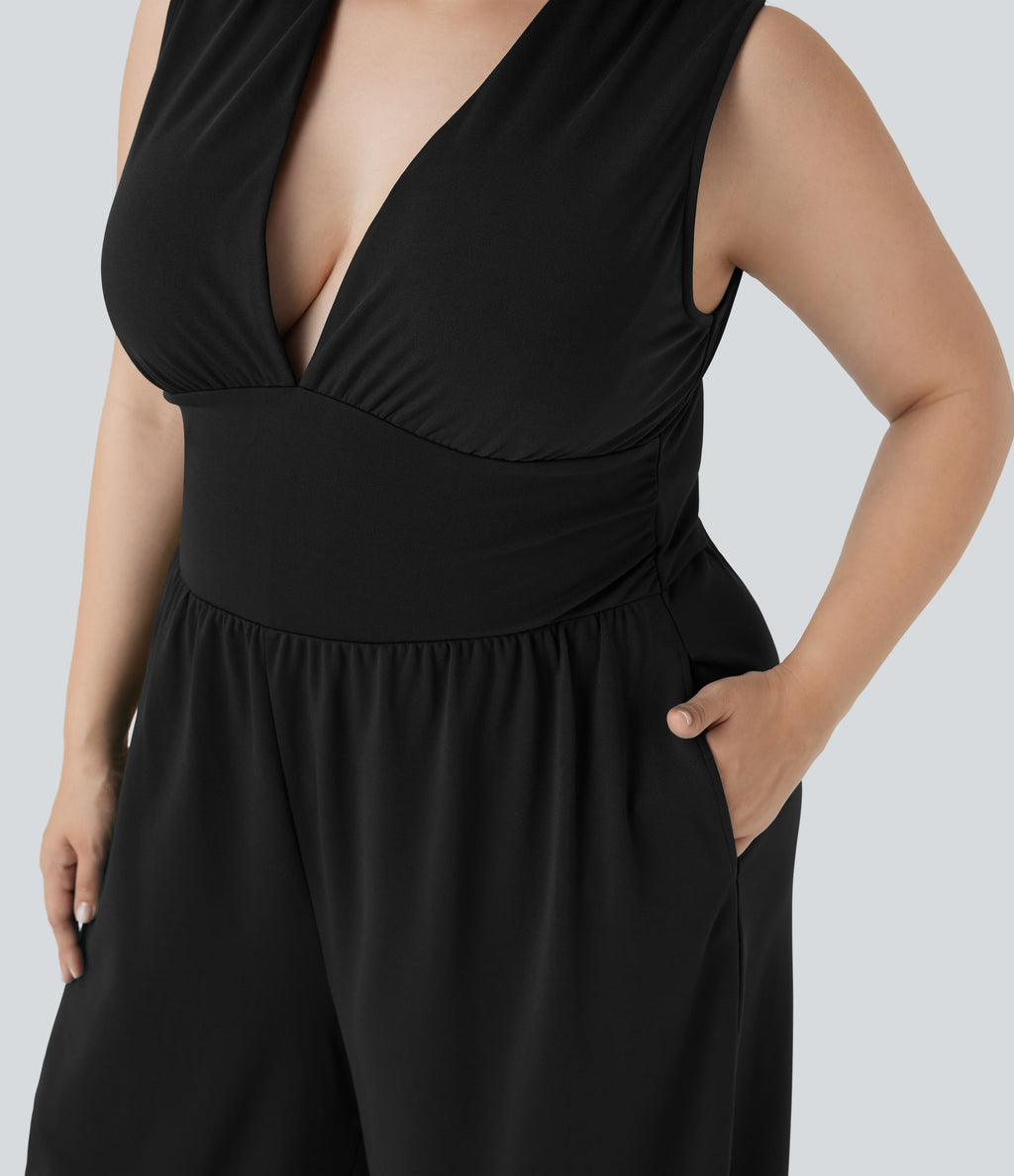 Plus Size V Neck Sleeveless Jumpsuit with Pockets-Easy Peezy Edition