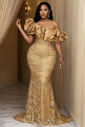 One Shoulder Ruffle Pattern Mesh Mermaid Party Maxi Dresses-Gold