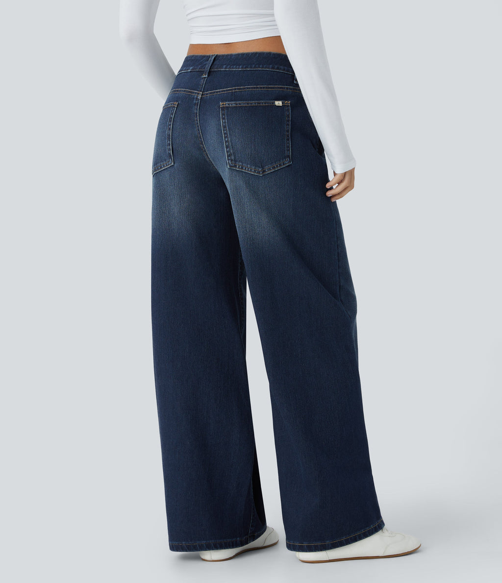 FlexTM Asymmetric Low Rise Zipper Pockets Baggy Wide Leg Washed Casual Jeans