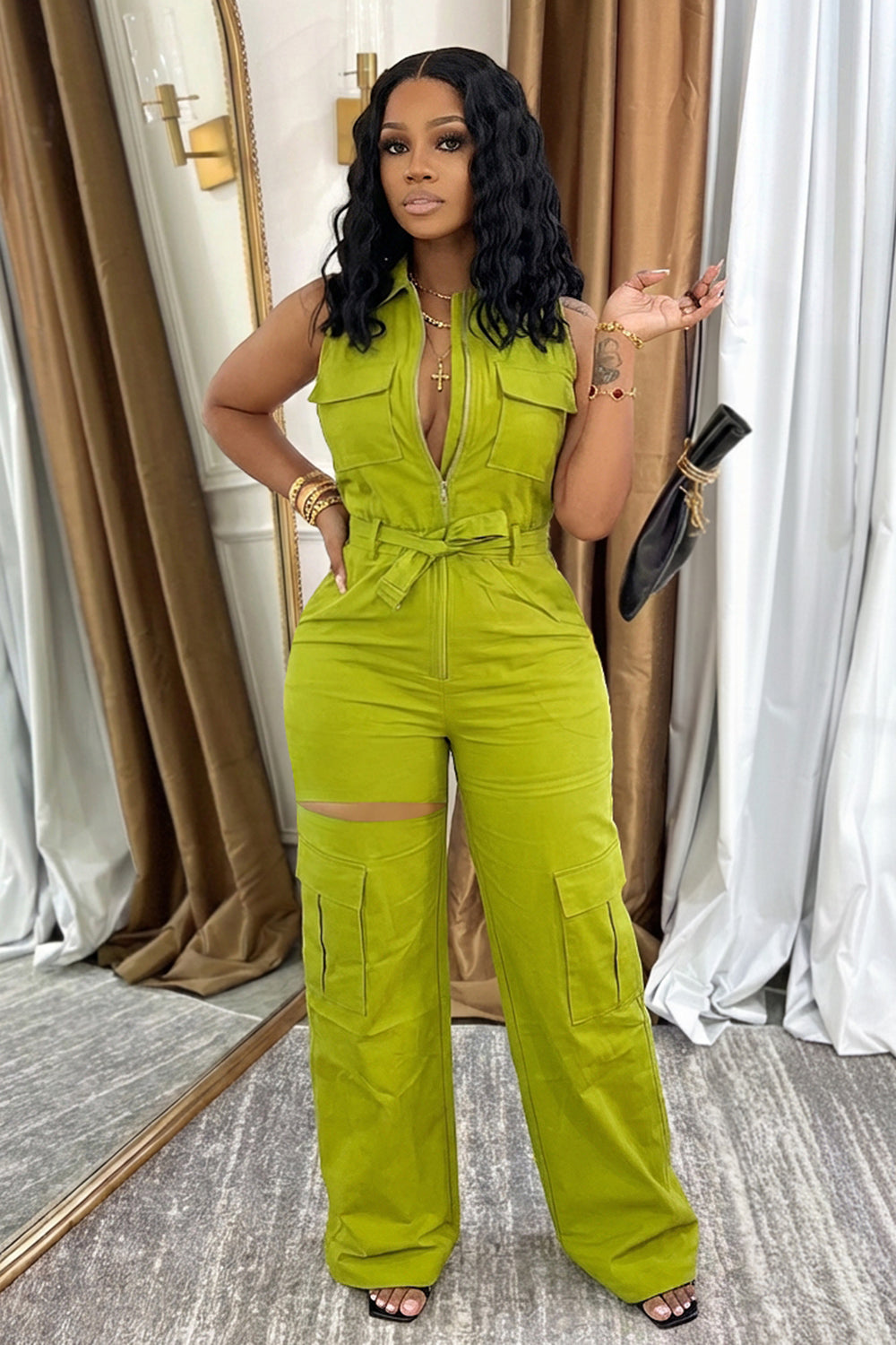 Cargo Turndown Collar Sleeveless Zip Up Casual Jumpsuit-Green