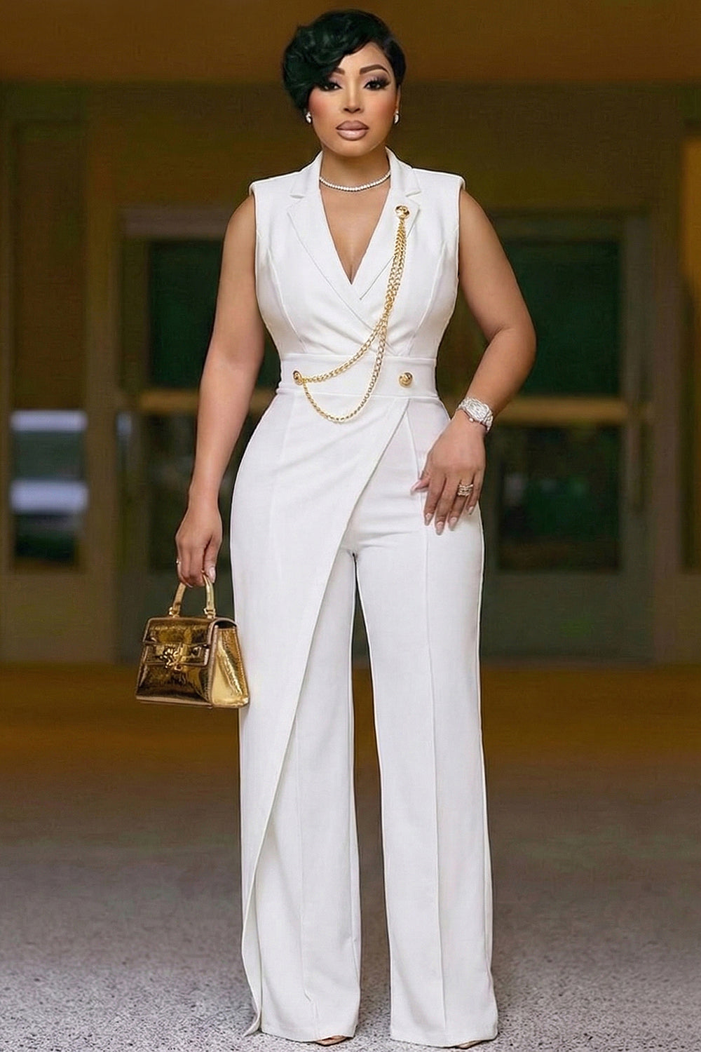 Notched Lapel Sleeveless Cinch Waist High Waist Jumpsuit-White