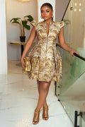 Round Neck Zip Up Puff Sleeve A-Line Gowns Mini Dresses-Gold