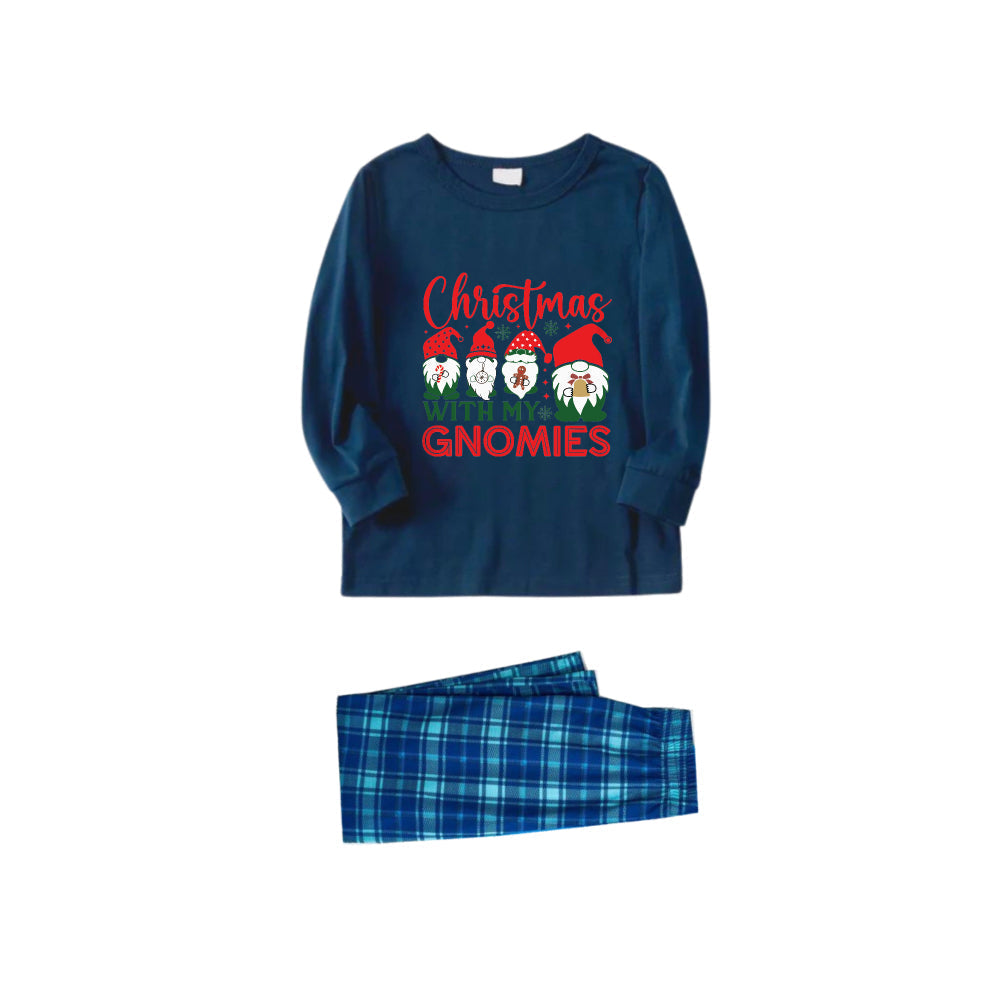 Christmas Family Matching Pajamas-Navy & Sky Blue Plaid Pjs Set with "Christmas With My Gnomies" Slogan Print