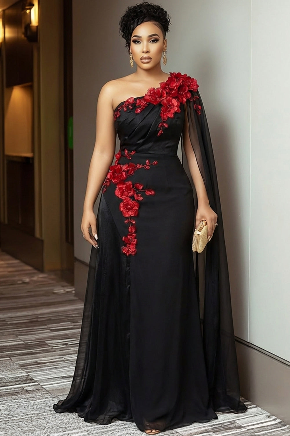 One Shoulder Mesh Sash 3D Flower Ruched Party Maxi Dresses-Black