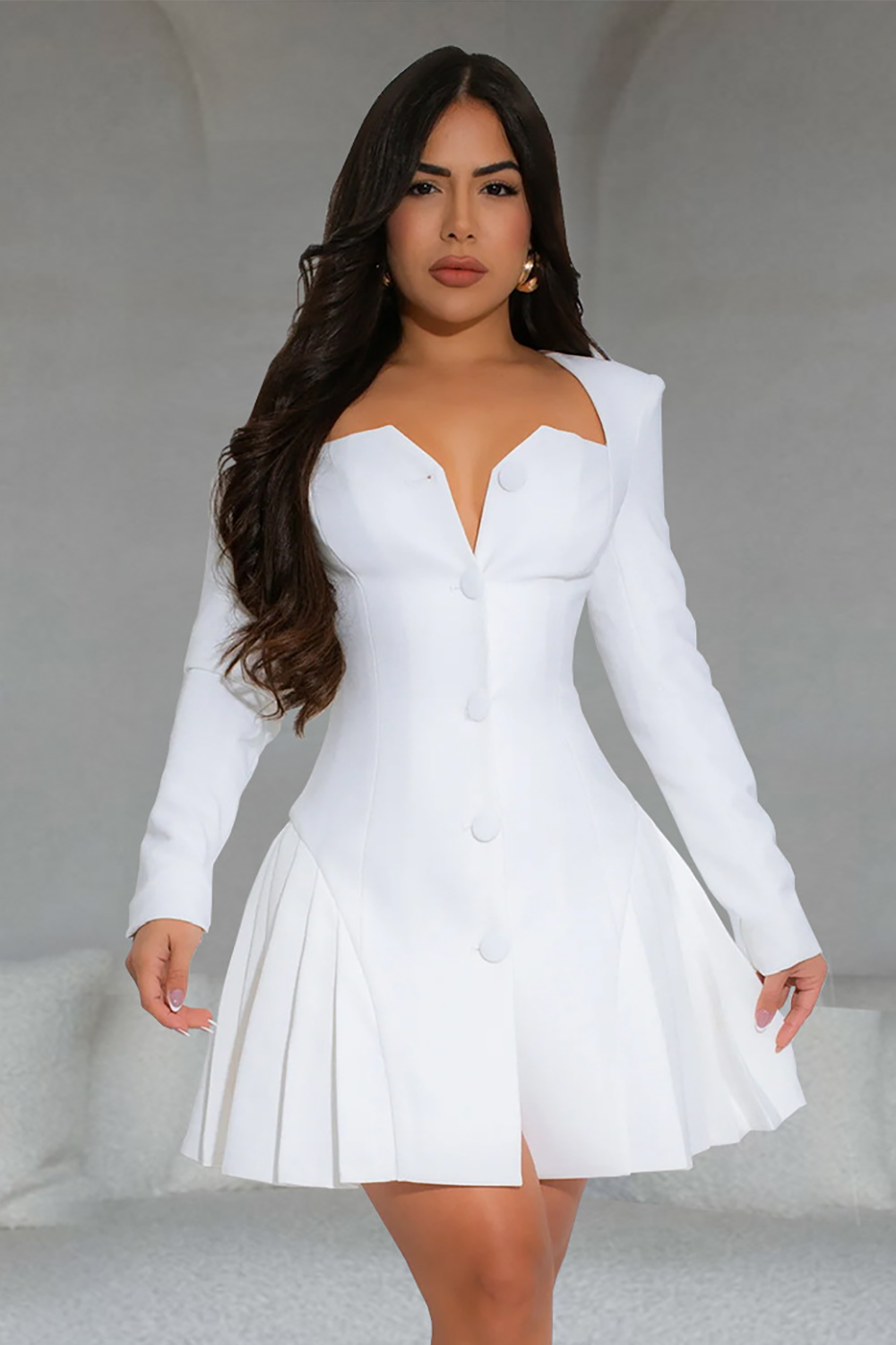 Button Up Cinch Waist Pleated Hem Long Sleeve Blazer Mini Dresses-White