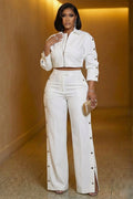 Zip Up Top Straight Leg Pants Side Button Casual 2pcs Set-White