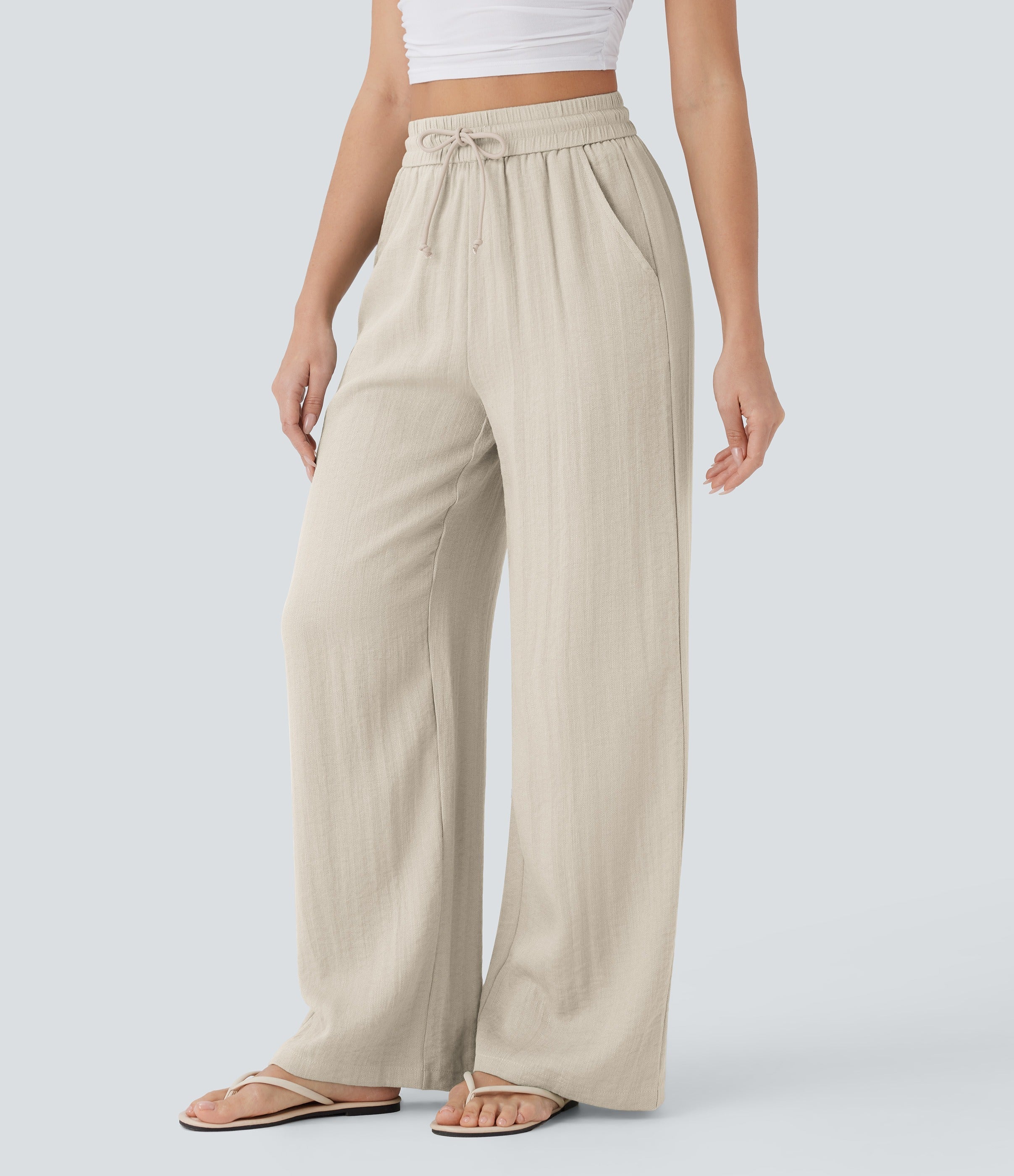 Women Summer High Waisted Drawstring Pocket Wide Leg Casual Linen-Feel Pants