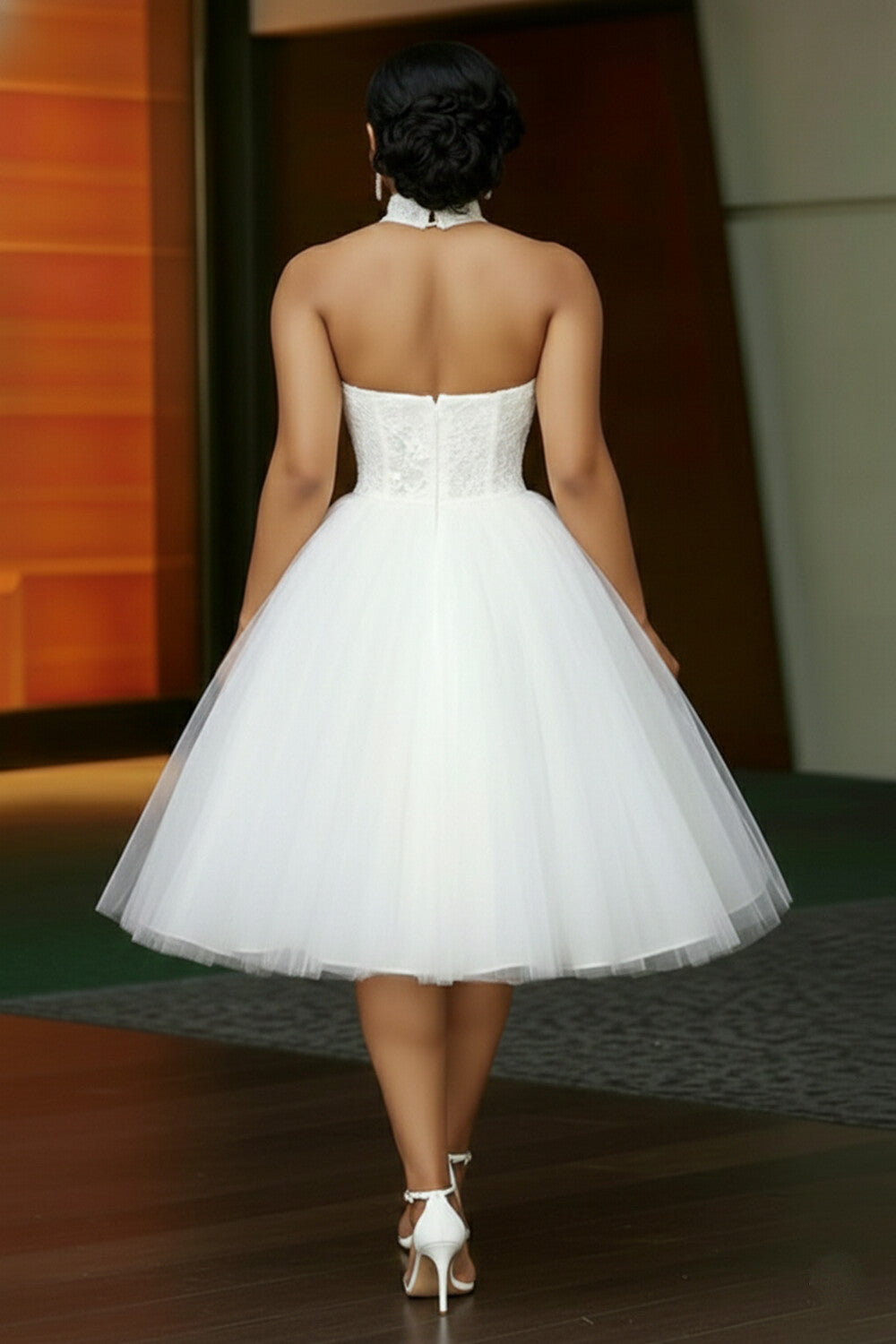 Halter Sleeveless Lace Bouffant Mesh Gowns Midi Dresses-White