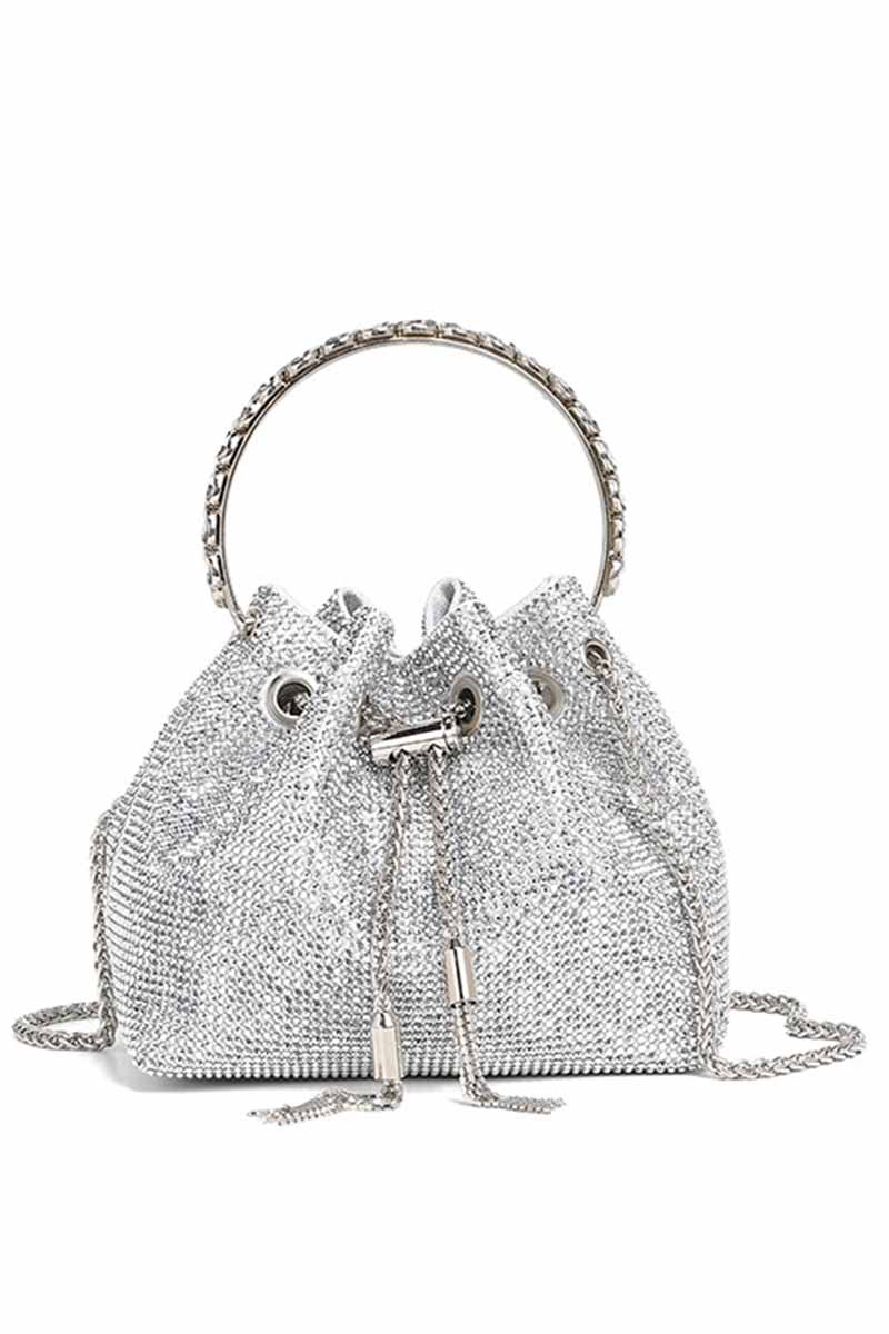 Rhinestone Drawstring Metal Chain Fringe Dinner Party Handbag