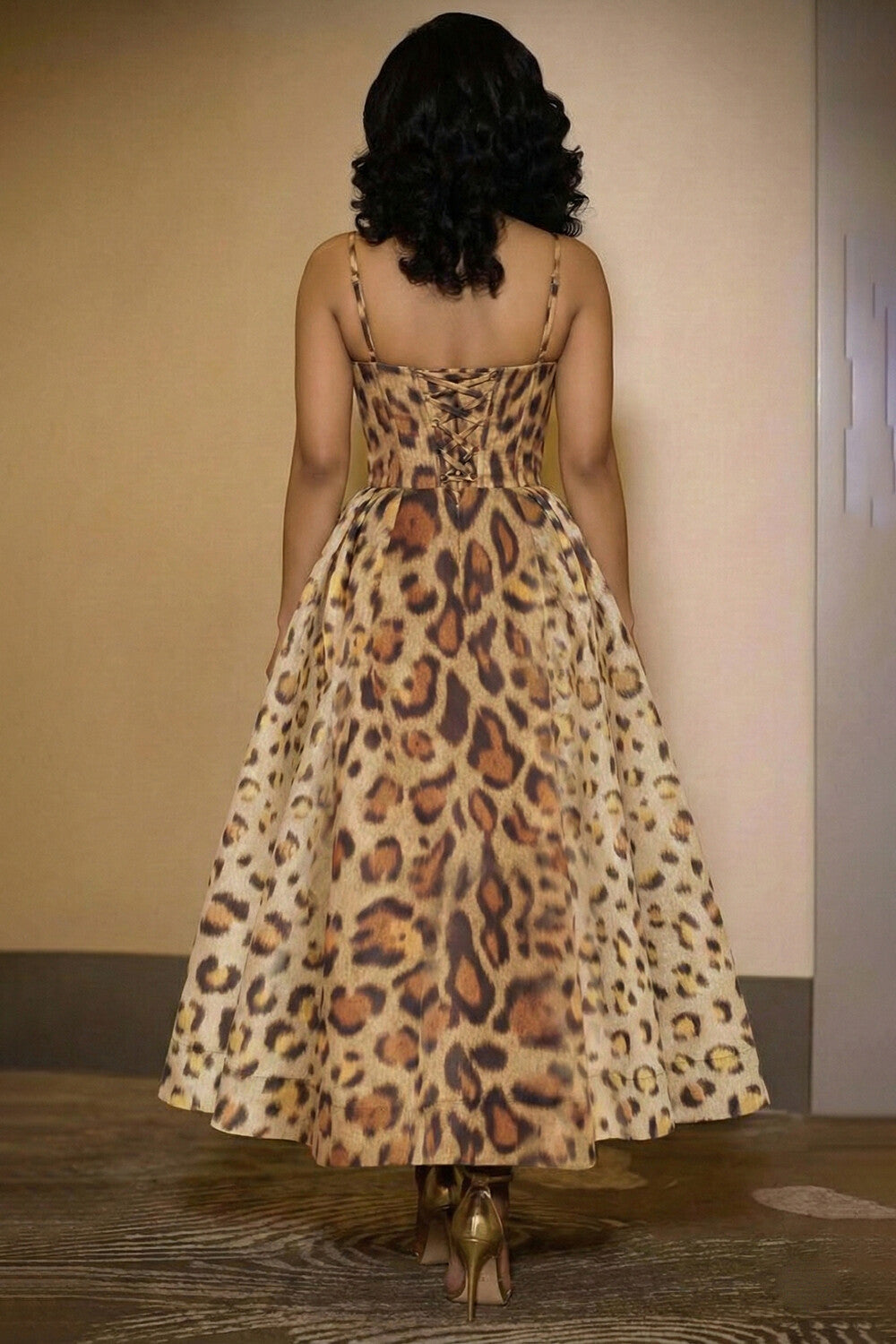 Cami Cinch Waist Leopard Print Bouffant Gowns Maxi Dresses-Brown