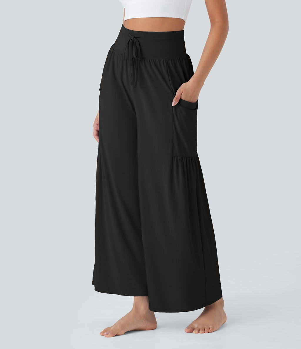 SoCinched High Waisted Tummy Control Drawstring Wide Leg Cool Touch Yoga Pants with Pockets-UPF50+