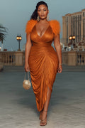 V Neck Feather Ruched Halloween Party Satin Maxi Dresses-Orange