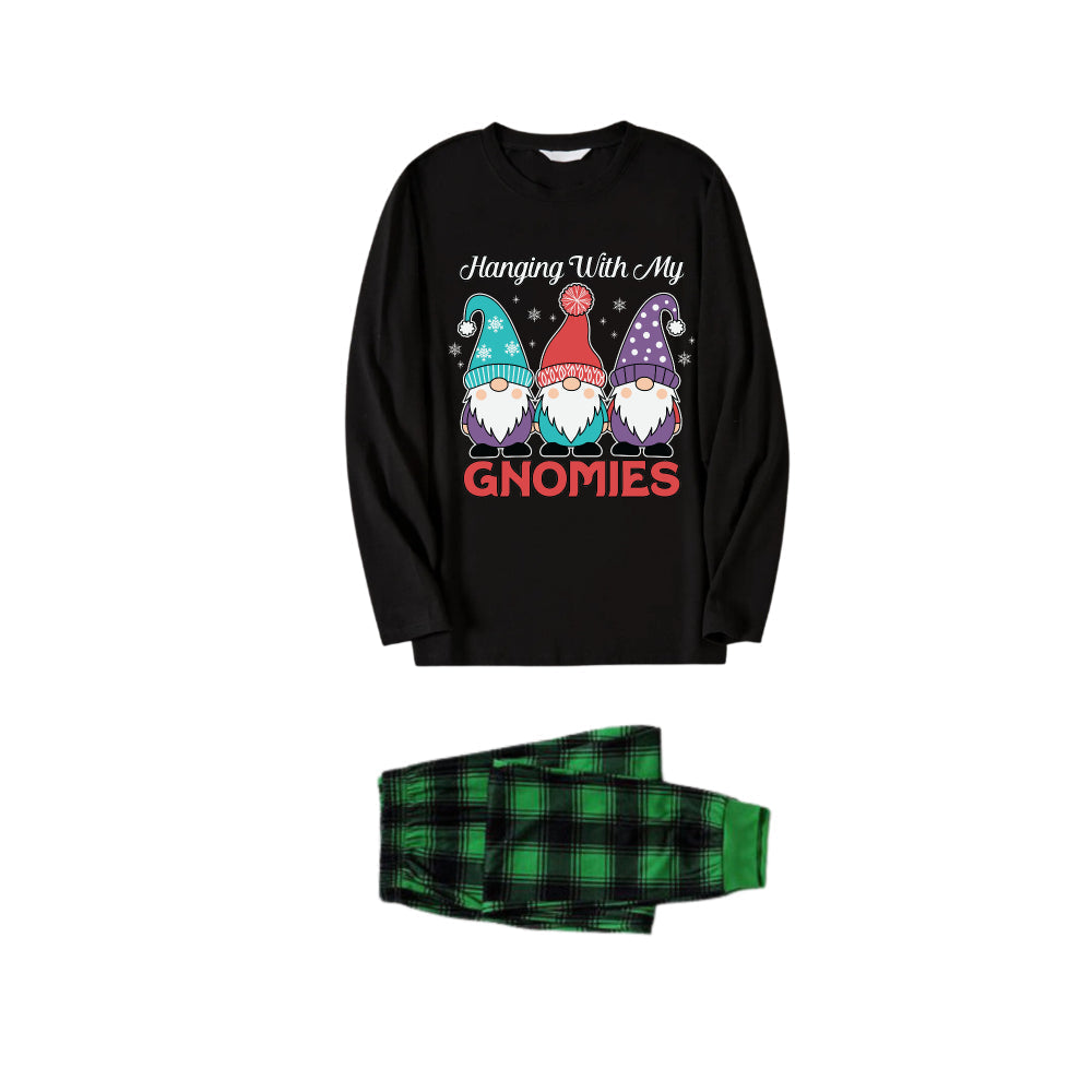 Christmas Family Matching Pajamas-Black Top and Green Plaid Pants Pjs Set with Gnome Family and Christmas Slogan Print