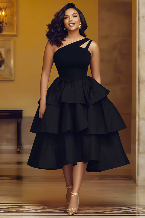 One Shoulder Cinched Waist Layered Hem Party Midi Dresses-Orange
