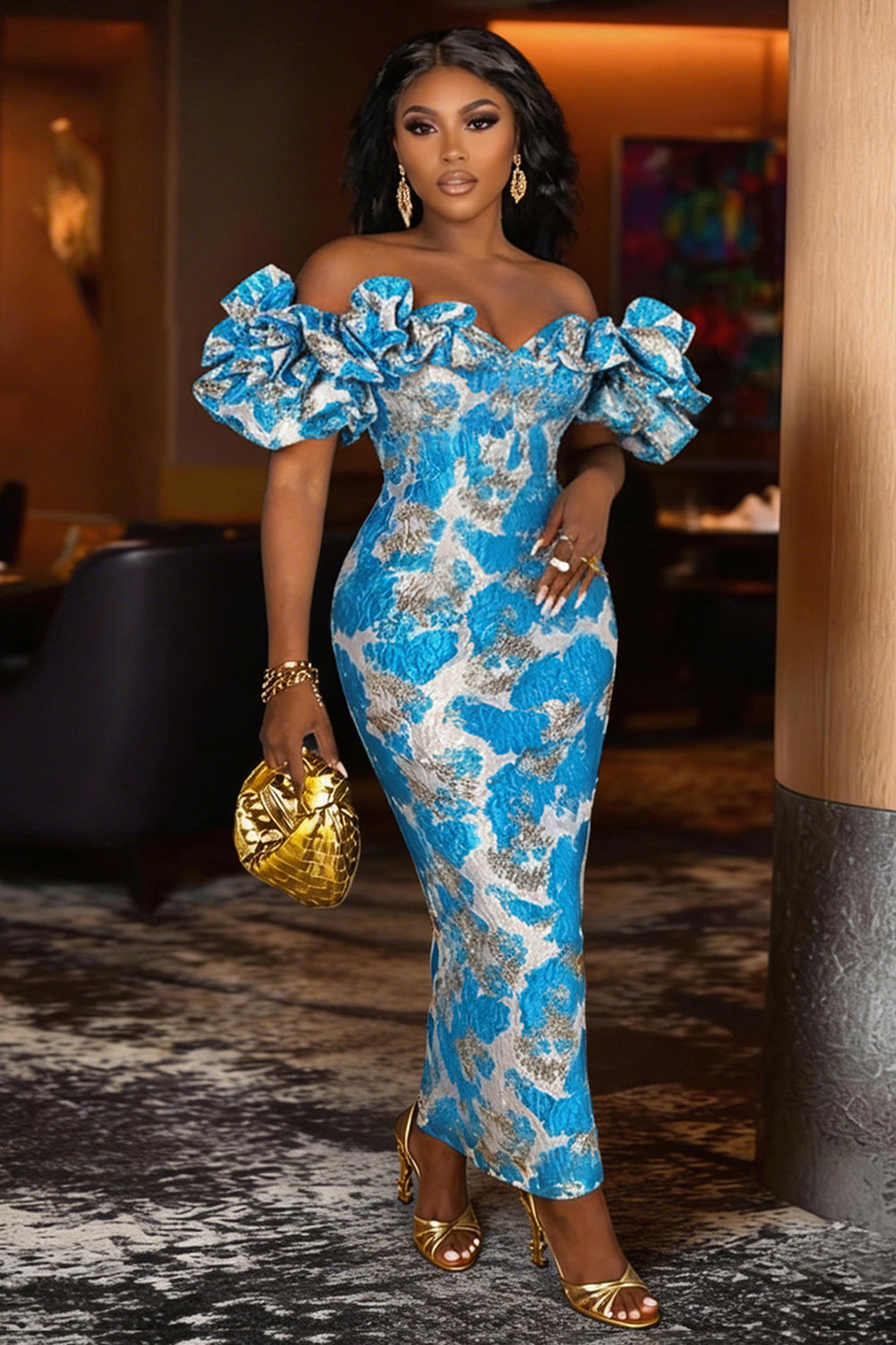 Off Shoulder Ruffle Jacquard Slim Fit Gowns Maxi Dresses-Blue