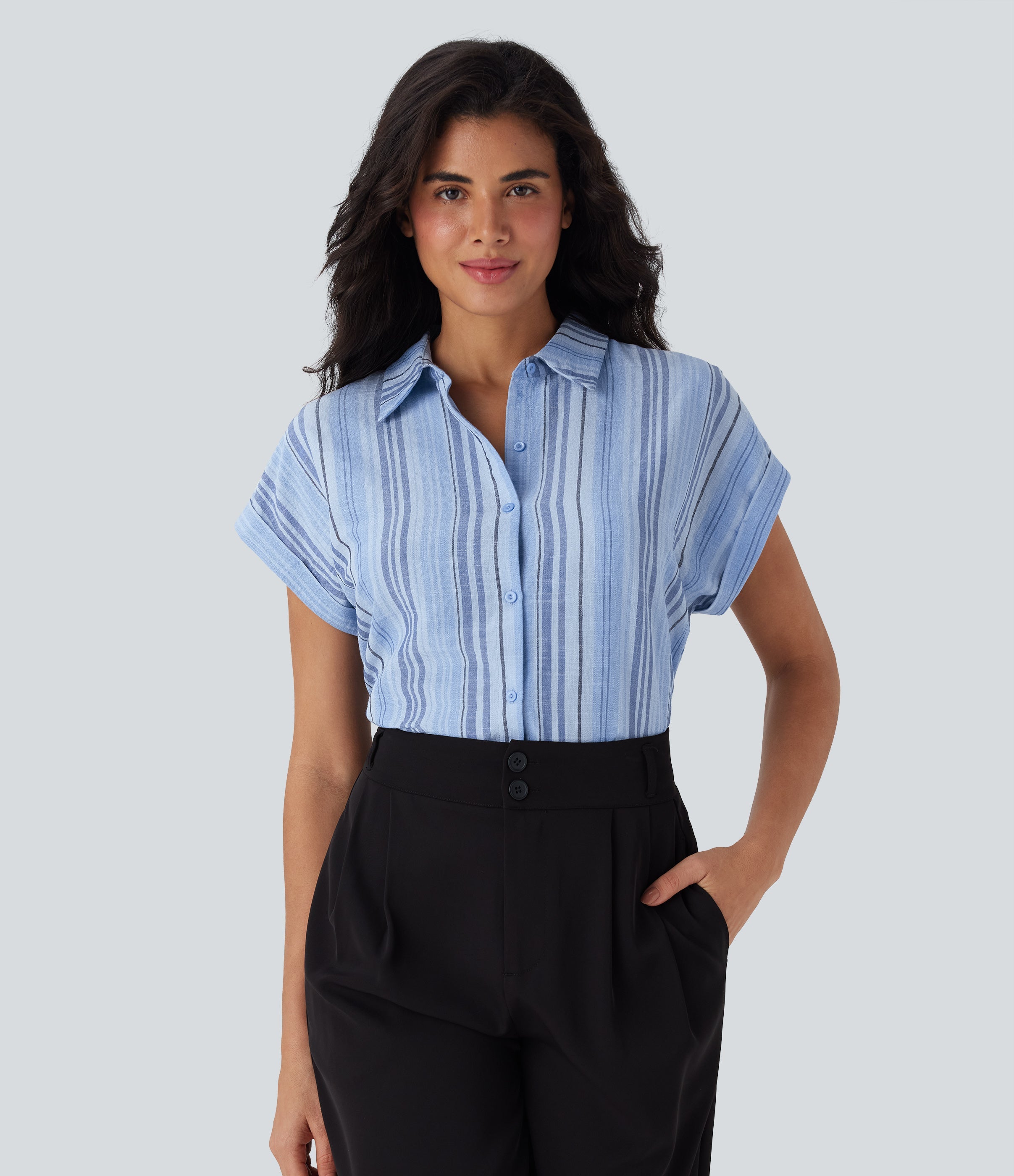 Short Sleeve Stripe Work Linen-Feel Shirt