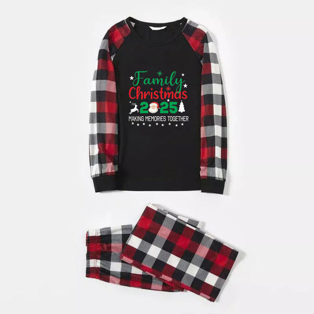 Christmas Family Matching Pajamas-Red and Gray Plaid Pjs set with "Family Christmas 2025" and Santa Pattern Colorful Print