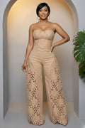 Strapless Cinch Waist Hollow Out Wide Leg Casual Jumpsuit-Beige