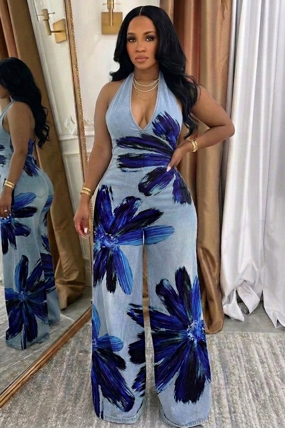 Denim Halter Deep V Neck Floral Wide Leg Casual Jumpsuit-Blue