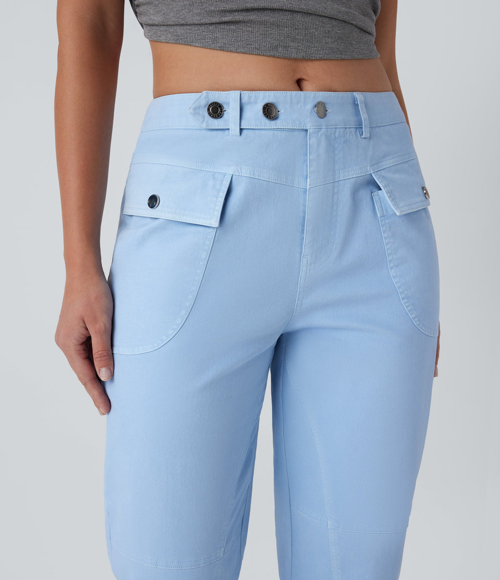 Mid Rise Straight Leg Cargo Casual Cotton Pants with Pockets