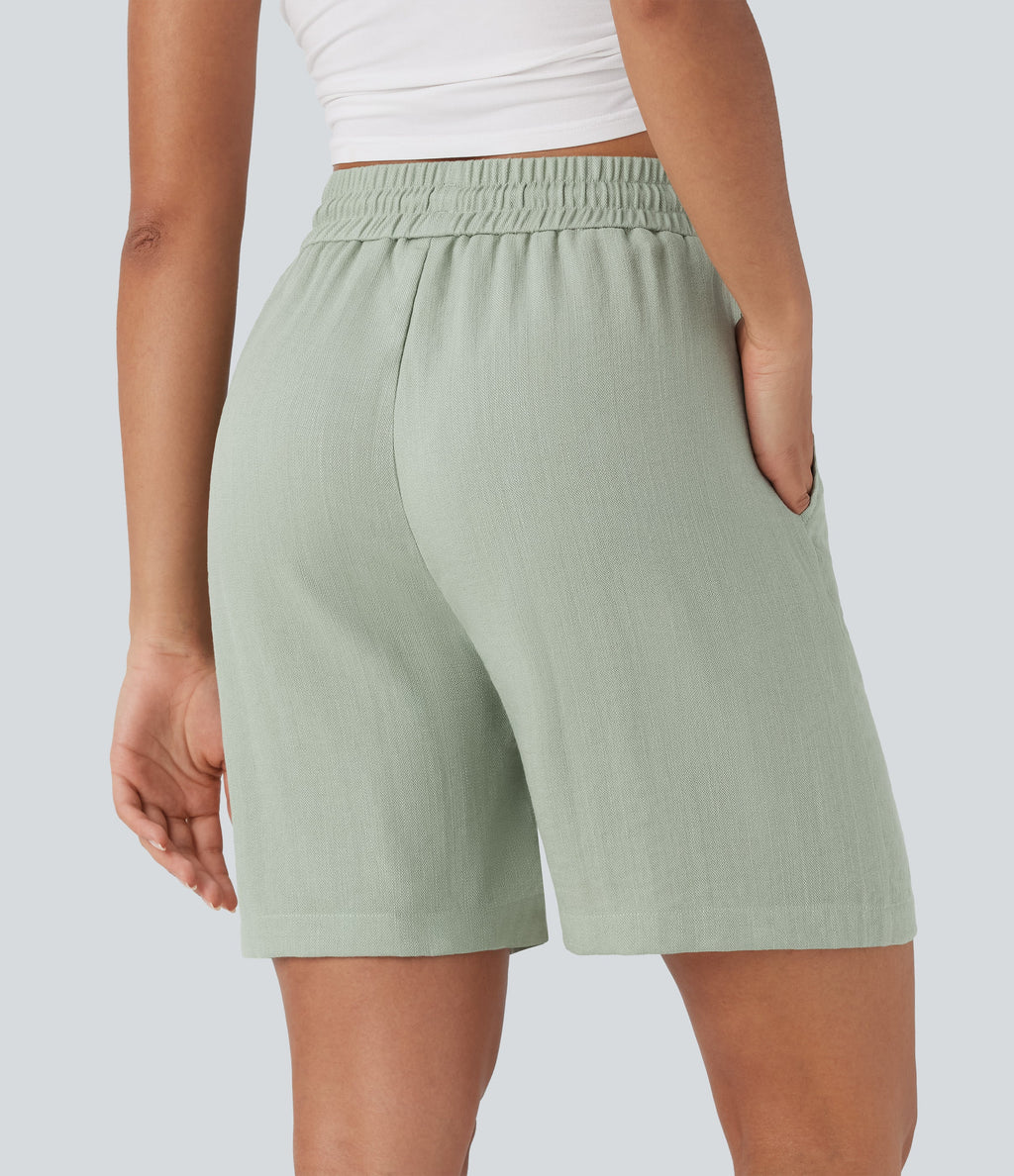 High Waisted Drawstring Casual Linen-Feel Shorts with Pockets