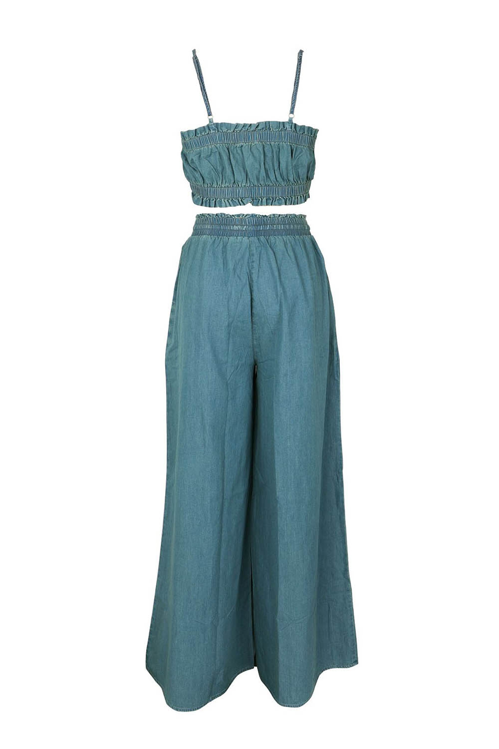 Ruffle Trim Denim Cami Neck Crop Top Wide Leg Pants Casual 2pcs Set-Blue