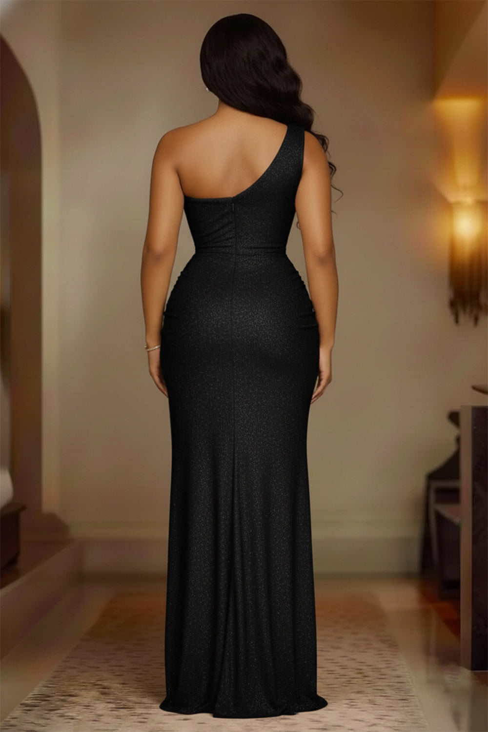 One Shoulder Wrapped Slit Glitter Party Maxi Dresses-Black