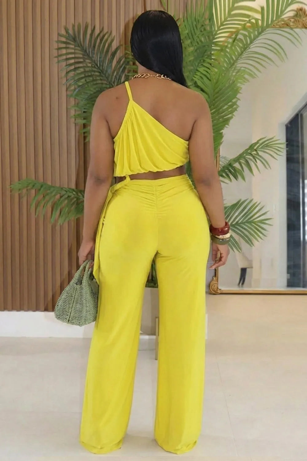 Ruched One Shoulder Cami Top High Rise Pants 2pcs Set-Yellow