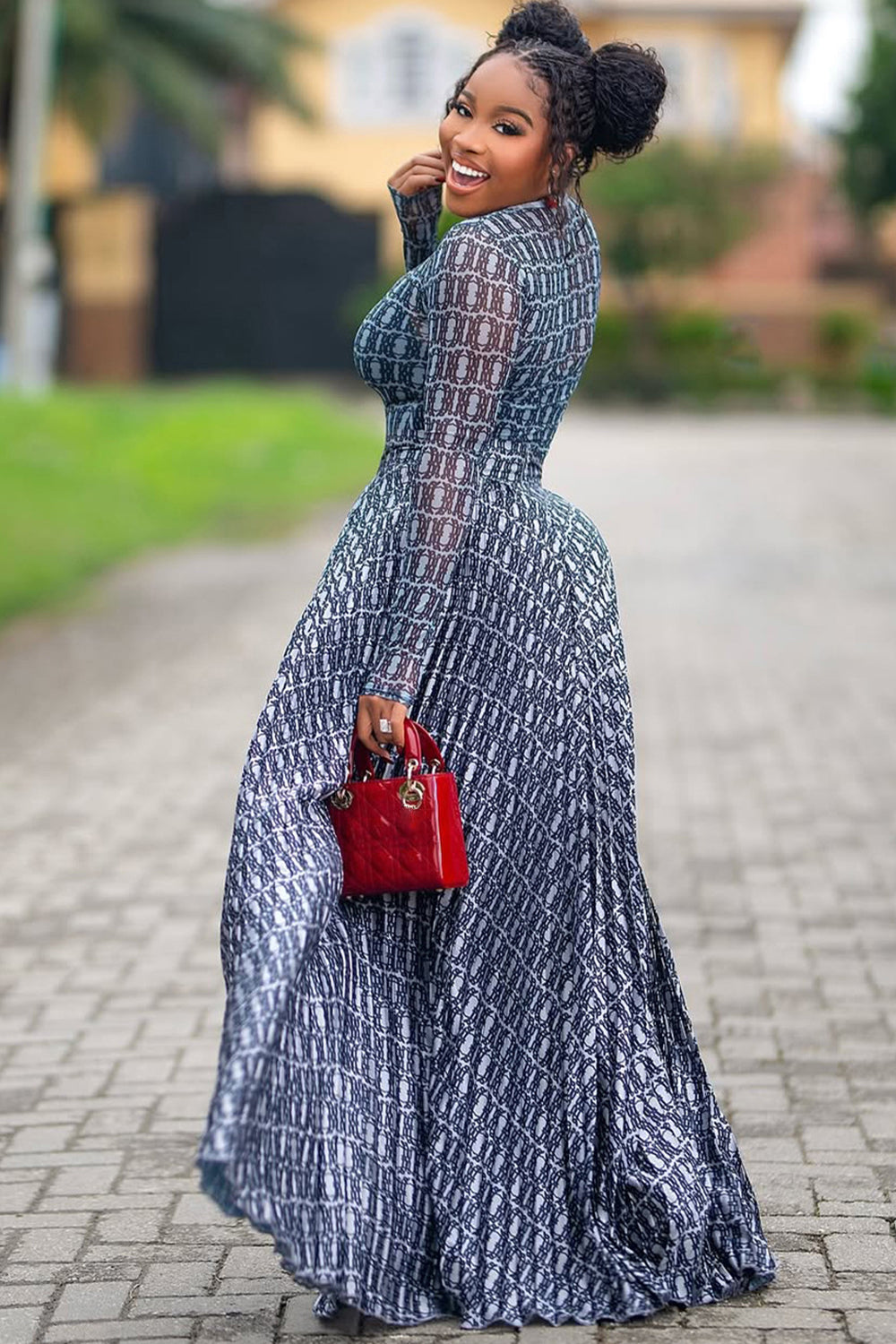 Round Neck All Over Print Long Sleeve Top Maxi Skirt 2pcs Set-Blue
