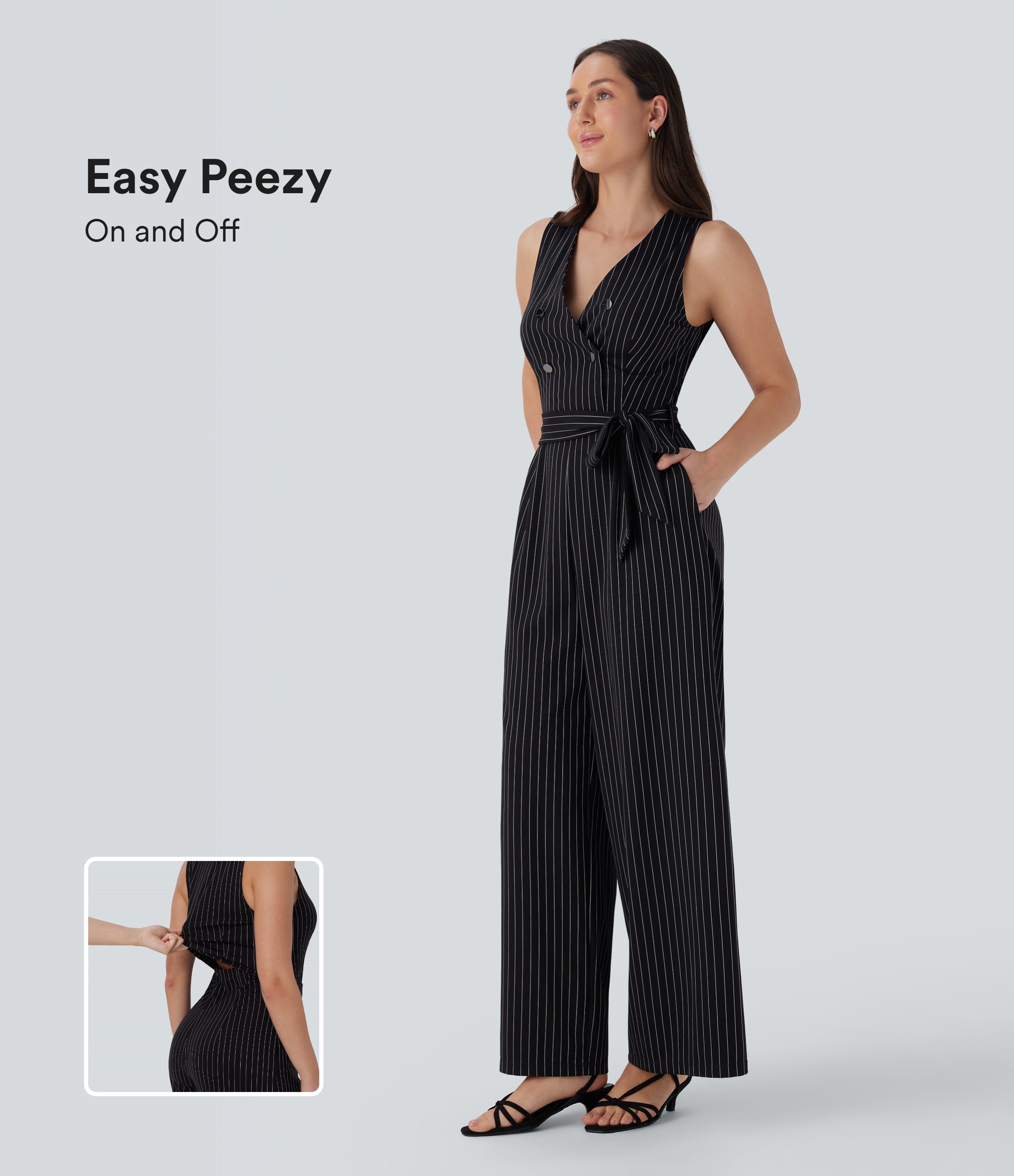 V Neck Sleeveless Belted Stripe Cool Touch Work Jumpsuit with Pockets-Easy Peezy