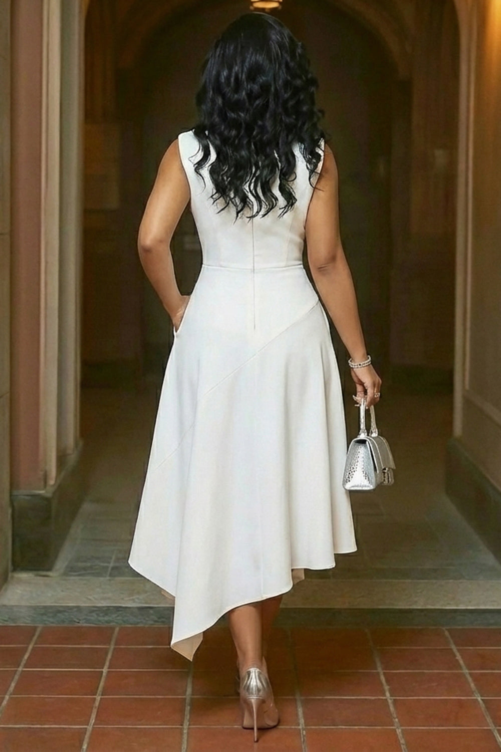 Deep V Neck Cinch Waist Pocket Irregular Hem Maxi Dresses-White