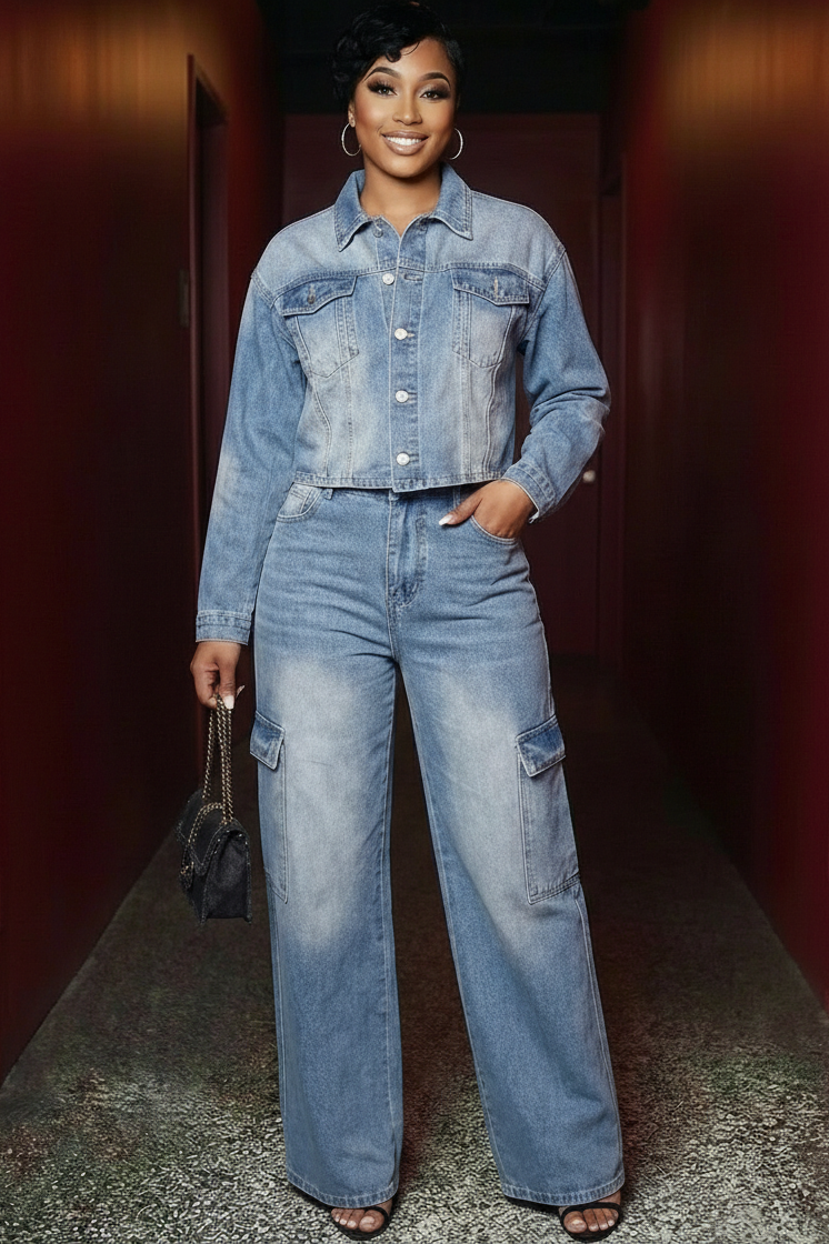 Turndown Collar Denim Pocket Slim Fit Casual Sets-Blue