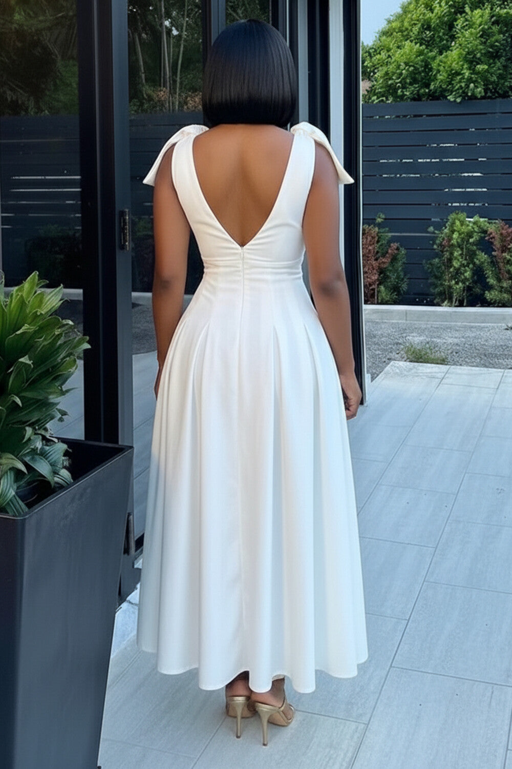 Deep V Neck Bow Cinch Waist Solid Color Cami Maxi Dresses-White