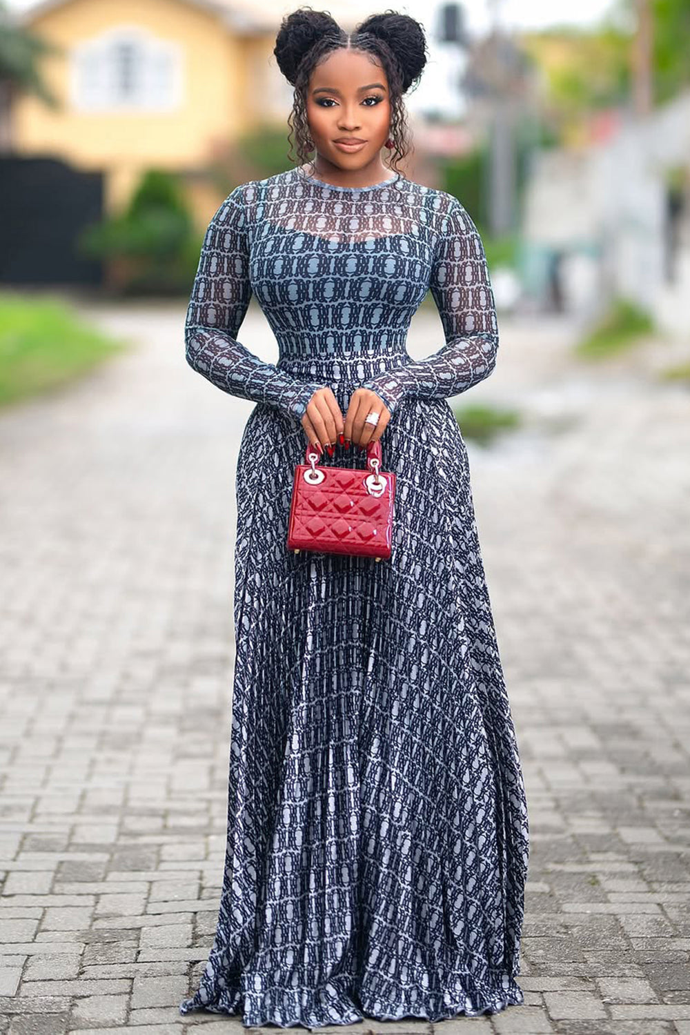 Round Neck All Over Print Long Sleeve Top Maxi Skirt 2pcs Set-Blue